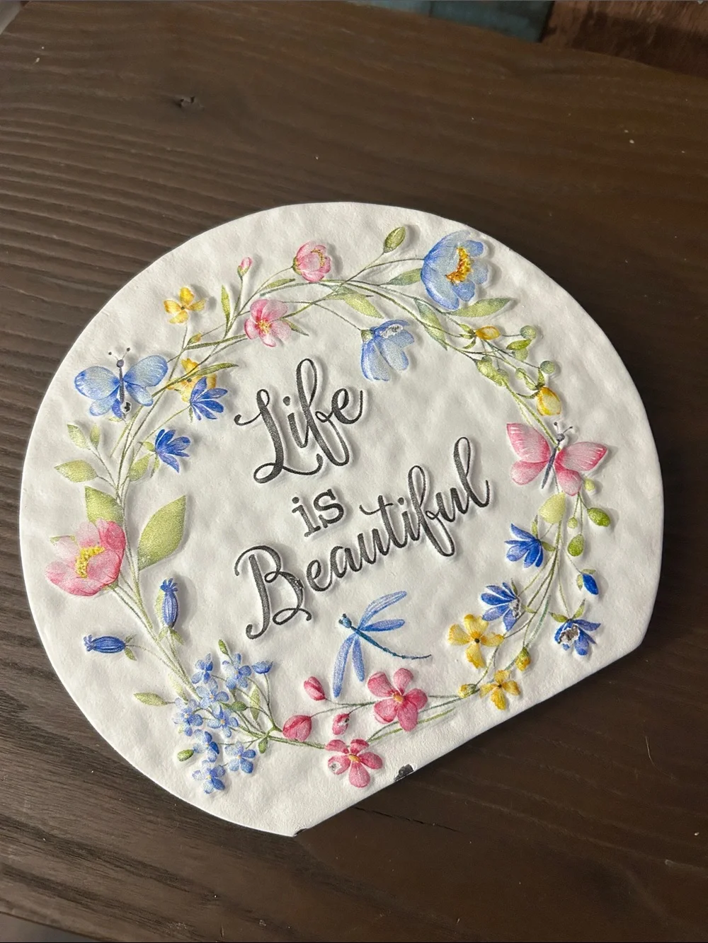 Life Is Beautiful Floral Round yard Plaque - Pastel Colors